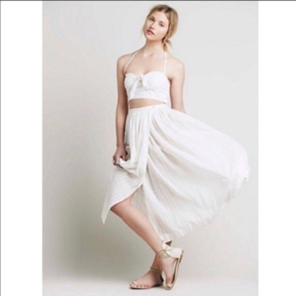 Free People cream Sundaes & Sprinkles Midi Dress Wrap Cut Out Halter tie…